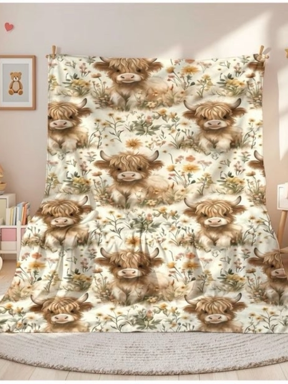 Plush Highland Cow & Wildflower Throw Blanket - Cream, Brown, Green